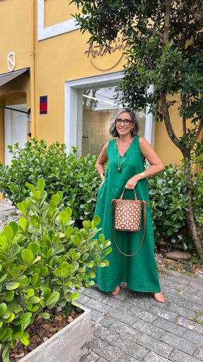 Vestido Paula Linho Verde Esmeralda Carmelia