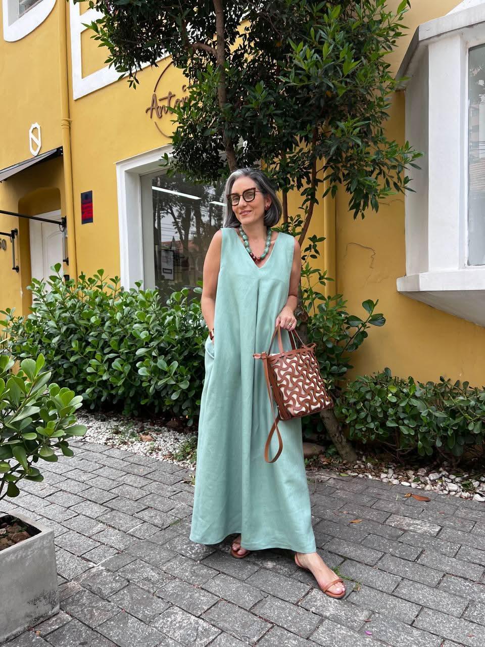 Vestido Pregas Linho Green Deb Carmelia